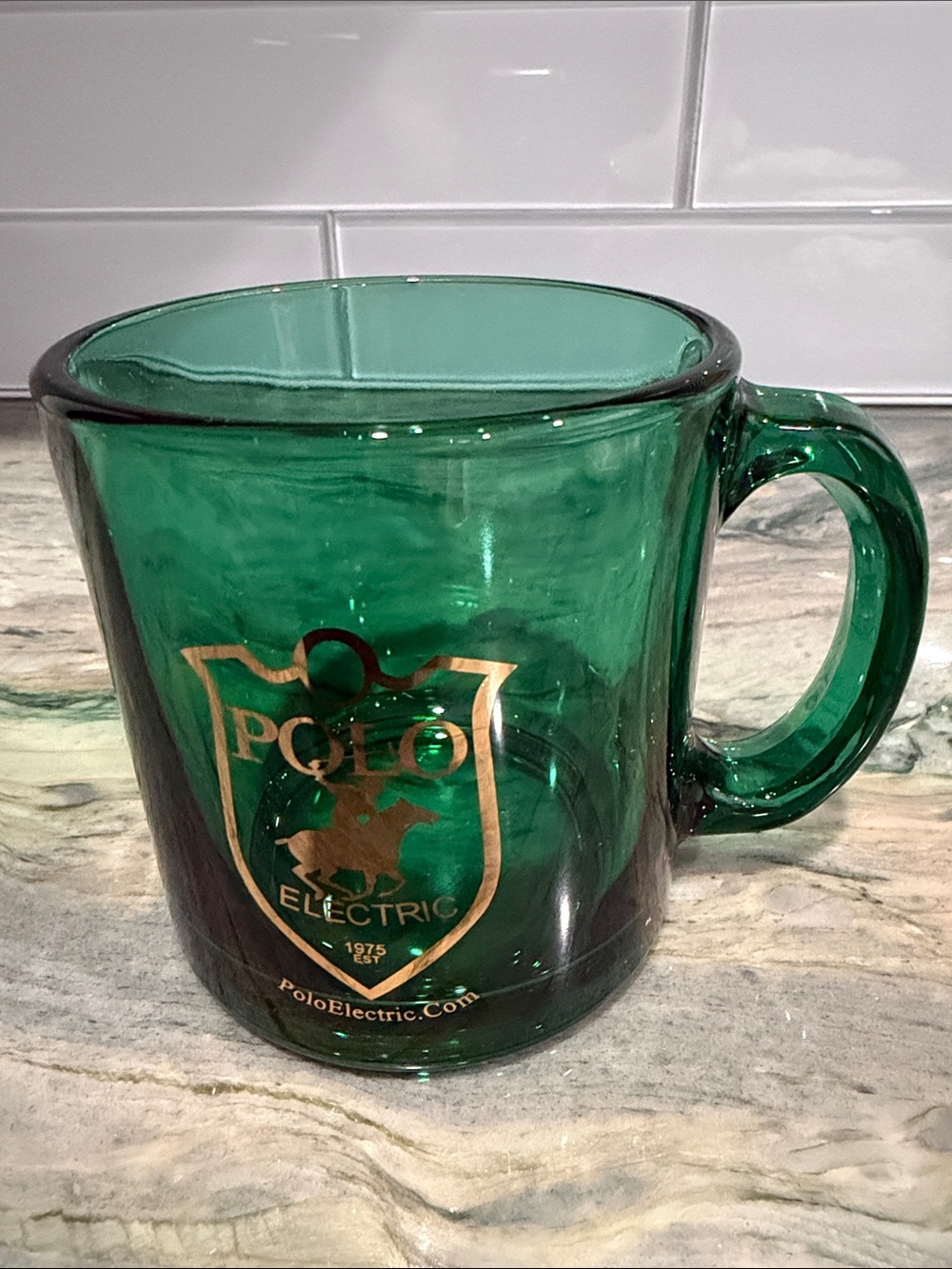 Vintage Emerald Green Glass Mug - Polo Electric Gold Logo